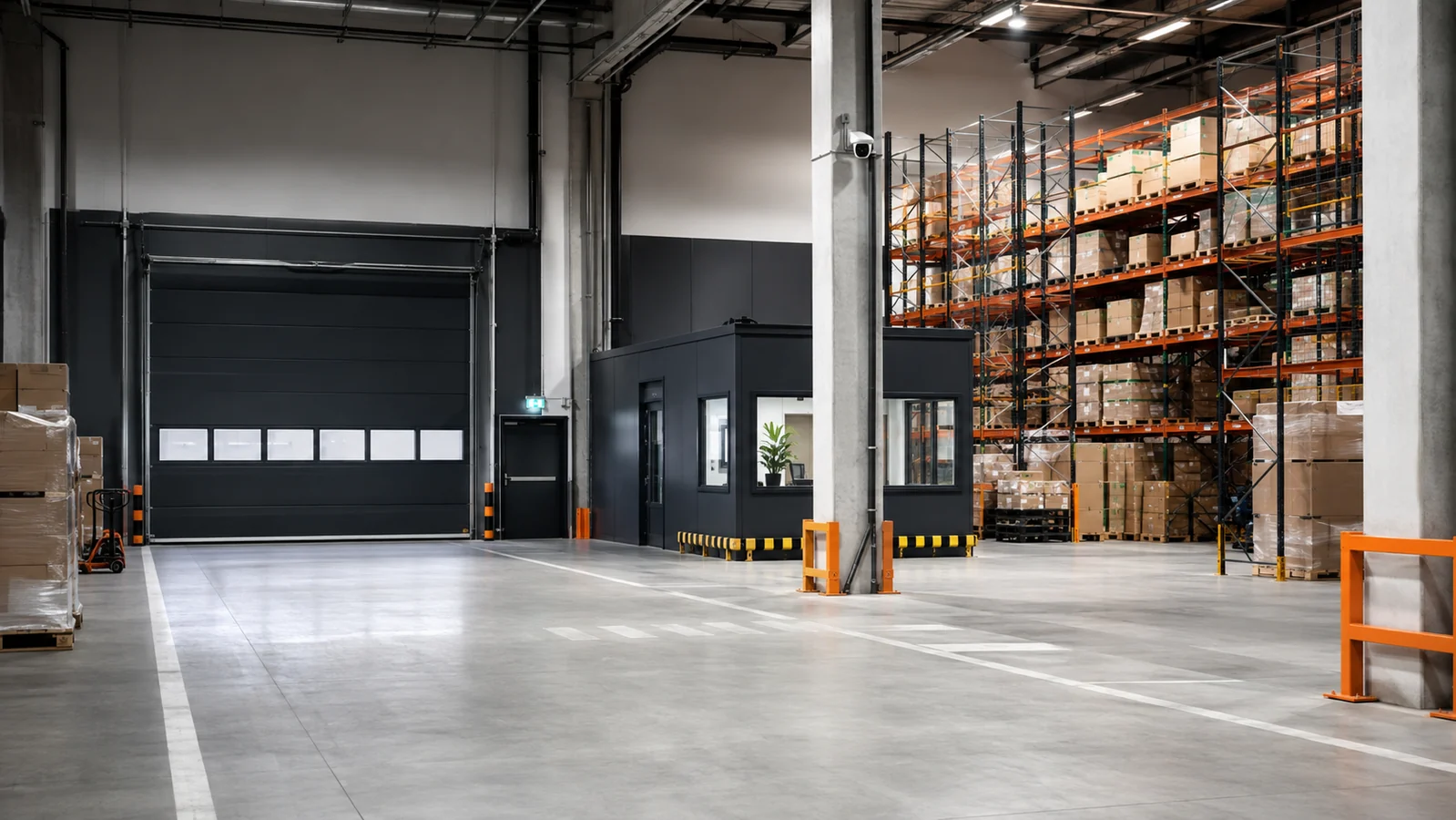 Neue Komponenten in Alarmweg und Bedienung einordnen Illustrative Gewerbehalle mit mehreren möglichen Erweiterungszonen