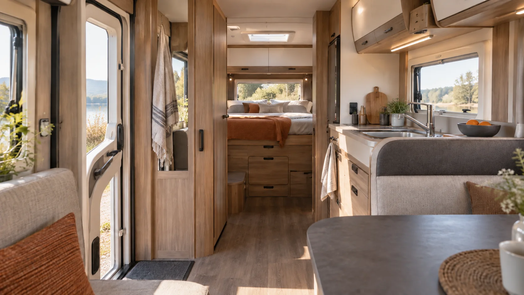 Innenraum eines Reisemobils mit Eingang, Fenstern und Schlafbereich