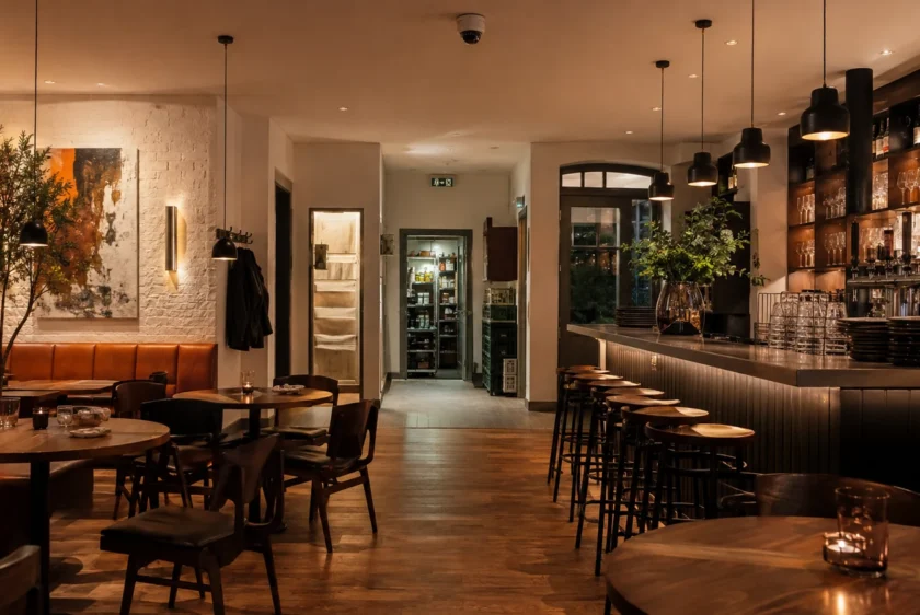 Illustratives Restaurant nach Betriebsschluss mit Gastraum, Bar, Lagerweg und dezenter Kamera