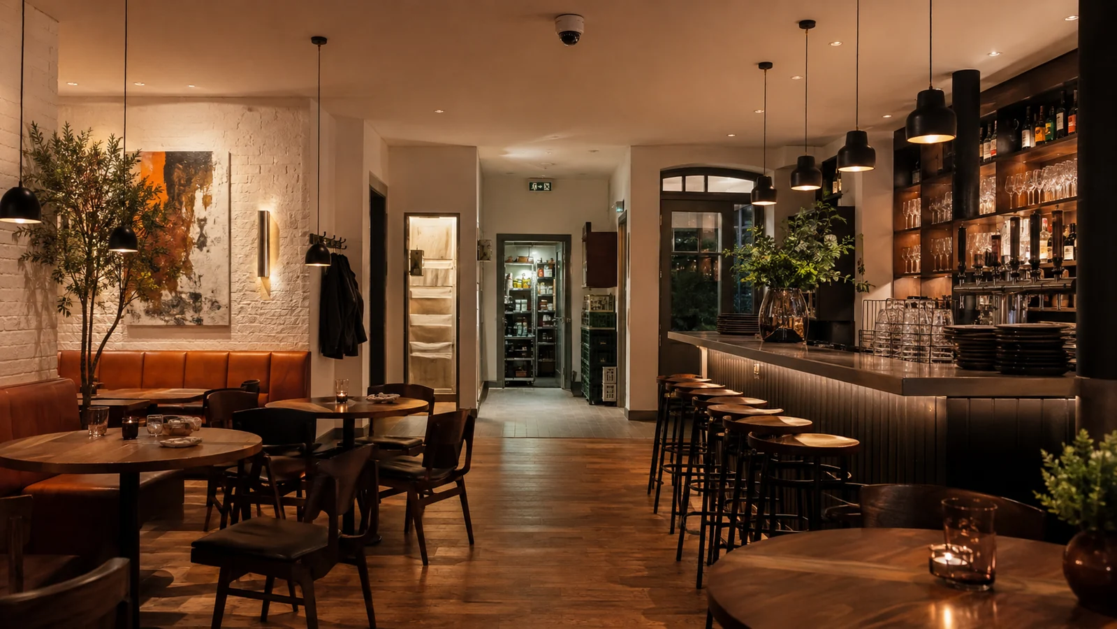 Illustratives Restaurant nach Betriebsschluss mit Gastraum, Bar, Lagerweg und dezenter Kamera