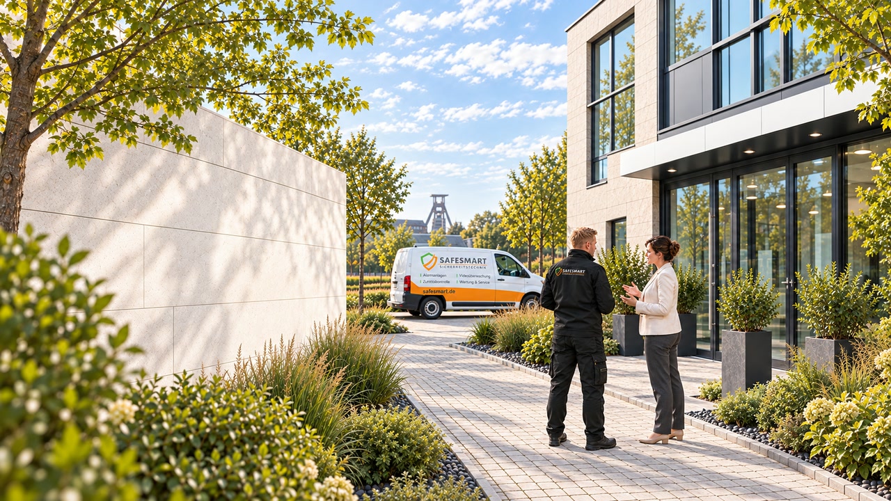Safesmart-Motiv: Beratung vor einem Gewerbegebäude