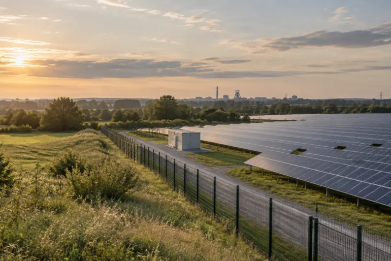 Solarpark mit Modulreihen, umzäuntem Gelände und Technikstation