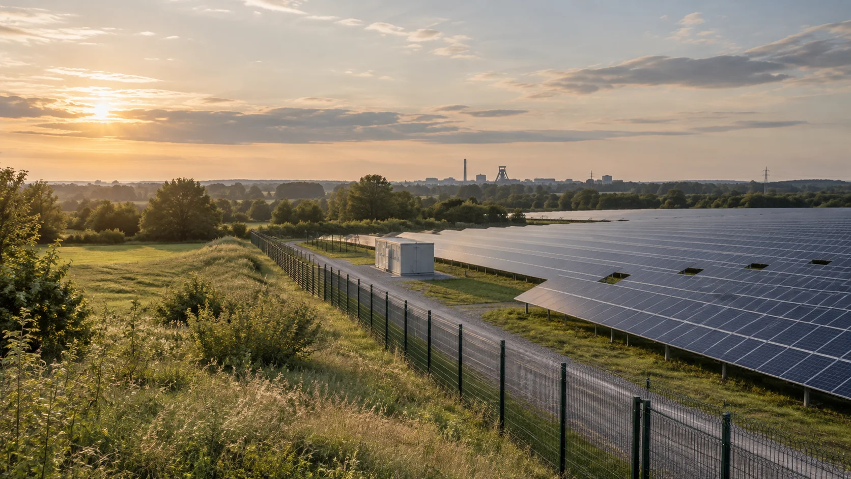 Solarpark mit Modulreihen, umzäuntem Gelände und Technikstation