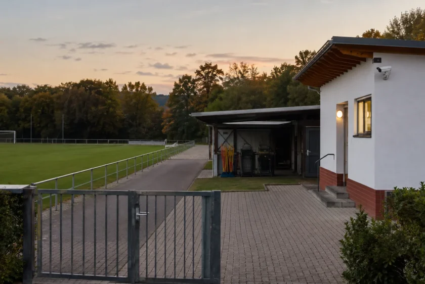 Illustrativer Sportplatz mit Vereinsheim, Materiallager, Tor und dezenter Außenkamera
