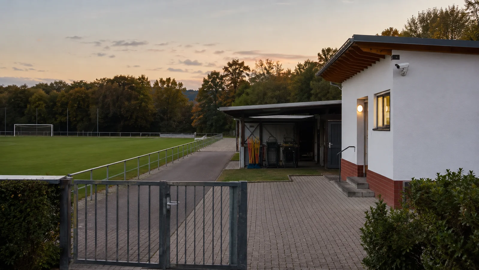 Illustrativer Sportplatz mit Vereinsheim, Materiallager, Tor und dezenter Außenkamera
