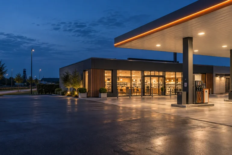Tankstelle mit Shop, Zapfsäulen und beleuchtetem Vorplatz am Abend