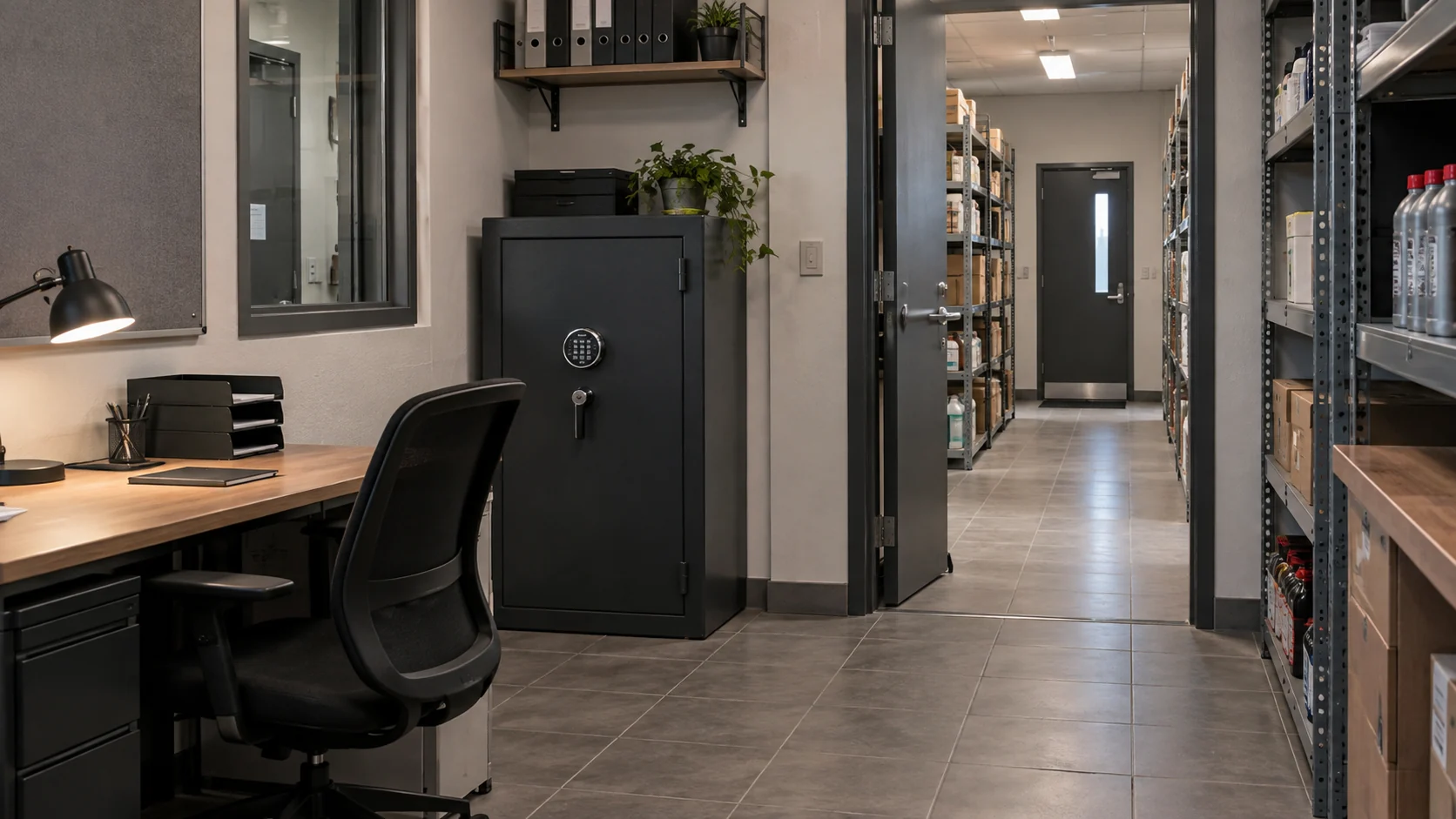 Tankstellen-Nebenbereich mit Büro, Lagerweg und kleinem Tresor
