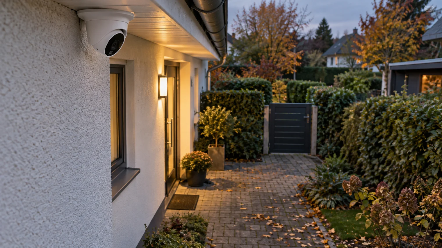 Redaktionelles Motiv einer Außenkamera am privaten Hauseingang mit Garten und geschlossenem Tor