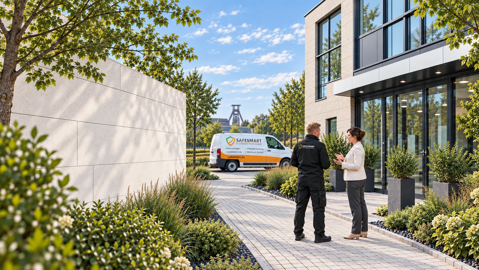 Beratungsszene vor einem Gewerbegebäude mit Safesmart-Fahrzeug – überarbeitetes Illustrationsmotiv
