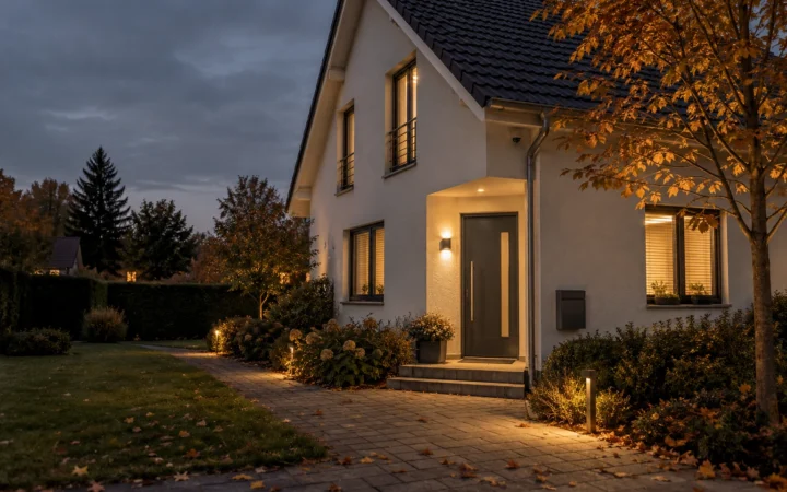 Eigenheim in der Herbstdämmerung mit beleuchtetem Eingang und Außenkamera