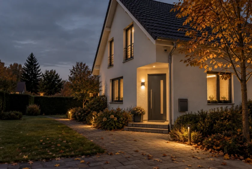 Eigenheim in der Herbstdämmerung mit beleuchtetem Eingang und Außenkamera