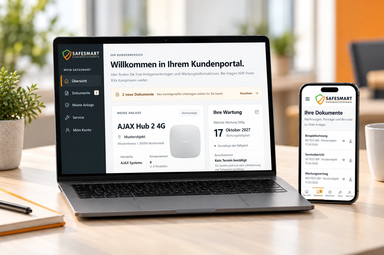 Laptop mit der Safesmart-Portalübersicht und Smartphone mit Dokumenten – Beispielansichten mit Musterdaten