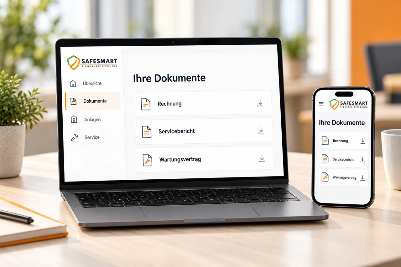 Laptop und Smartphone mit Safesmart-Logo und einer Beispielansicht der Dokumente im Kundenportal