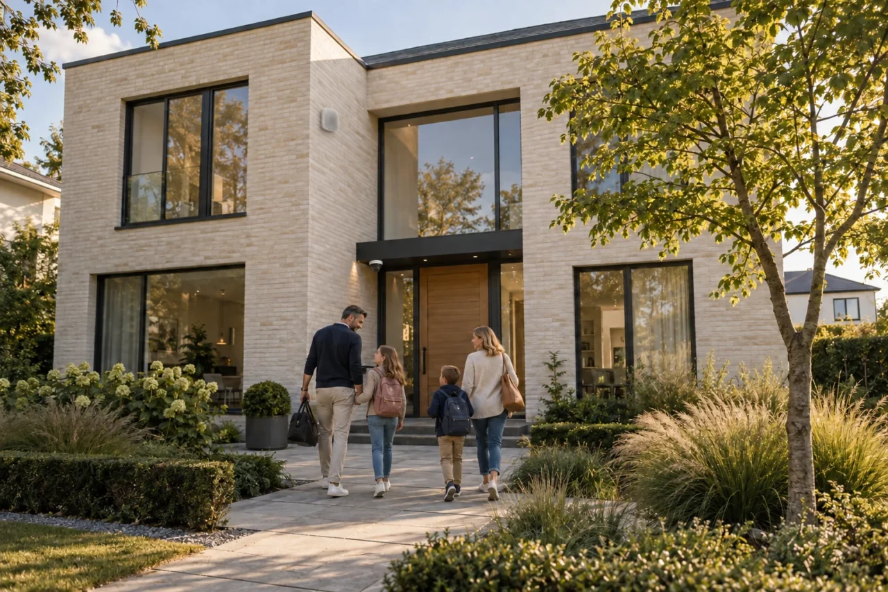 Familie vor ihrem Haus mit sichtbarer Sicherheitstechnik